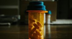 A prescription bottle filled with pills against a dimly lit background.