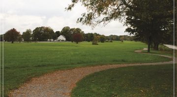 An expansive green field with a winding path and trees under a cloudy sky.