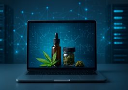A laptop displaying cannabis products with a digital background suggesting technology.