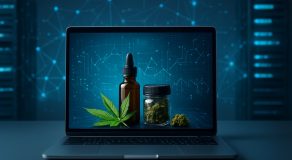 A laptop displaying cannabis products with a digital background suggesting technology.