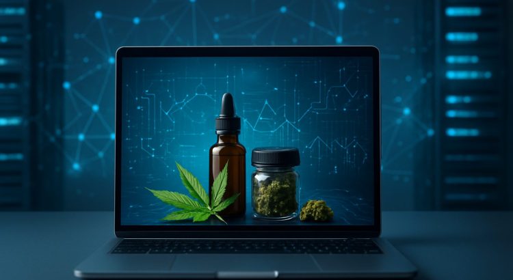 A laptop displaying cannabis products with a digital background suggesting technology.